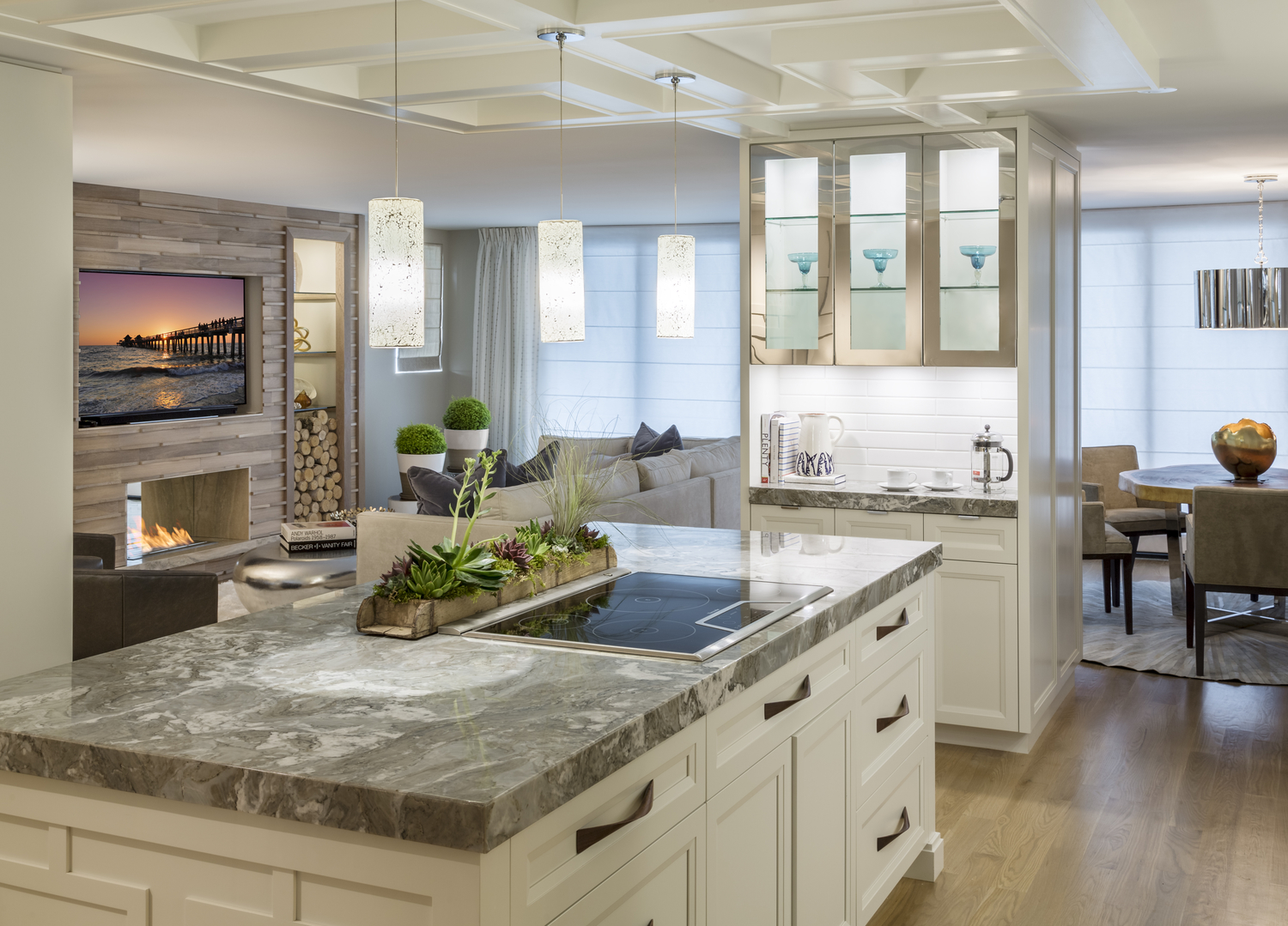 open space kitchen with granite countertops