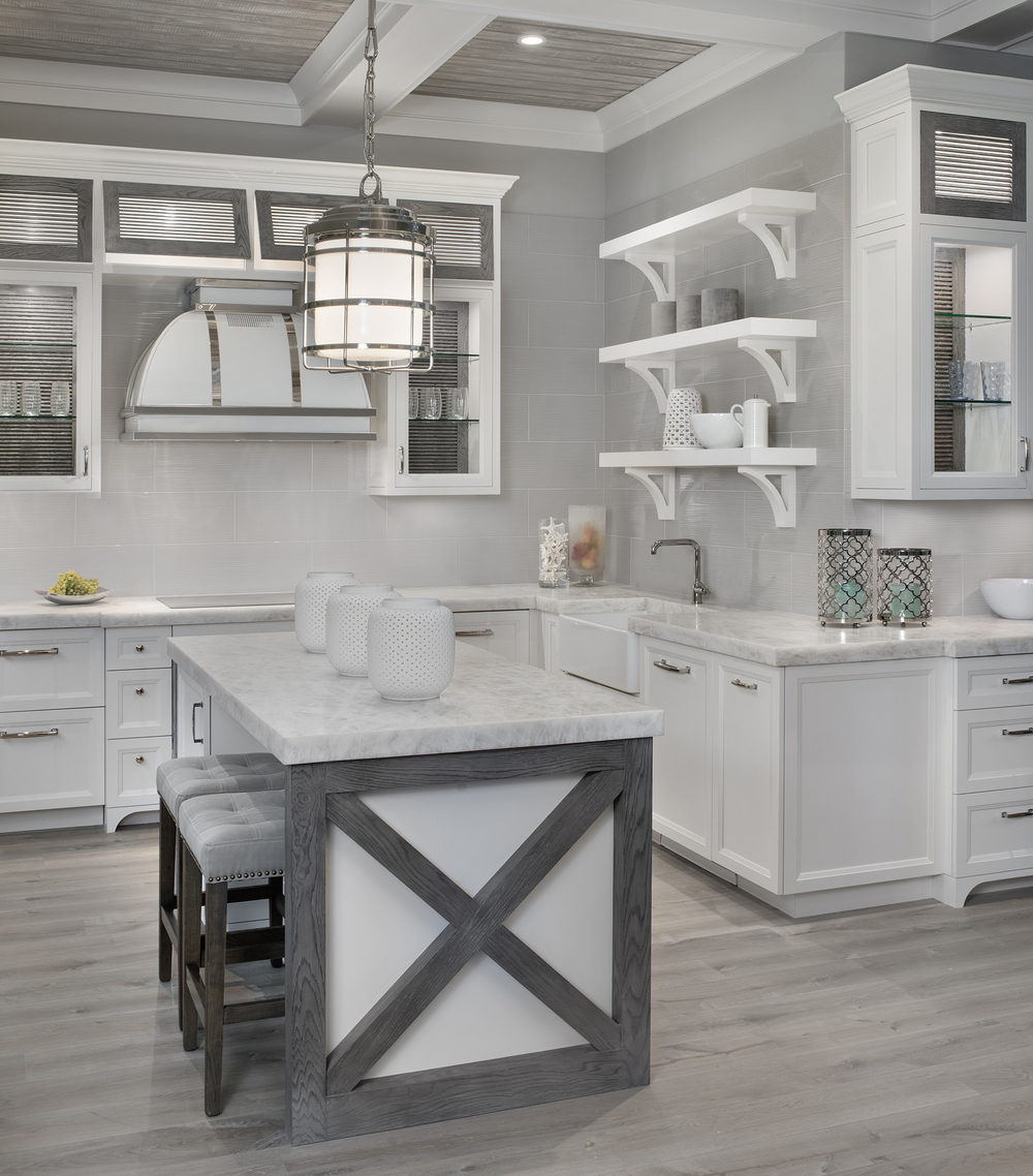 white modern kitchen with white granite countertops