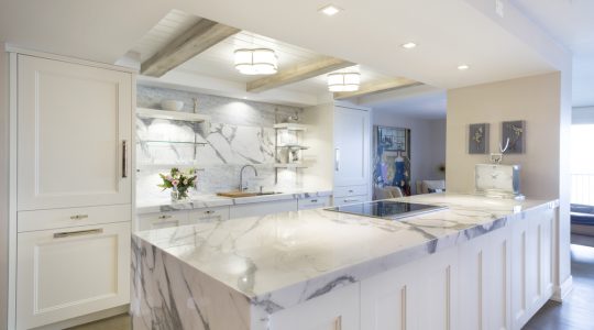 white big kitchen with marble countertops